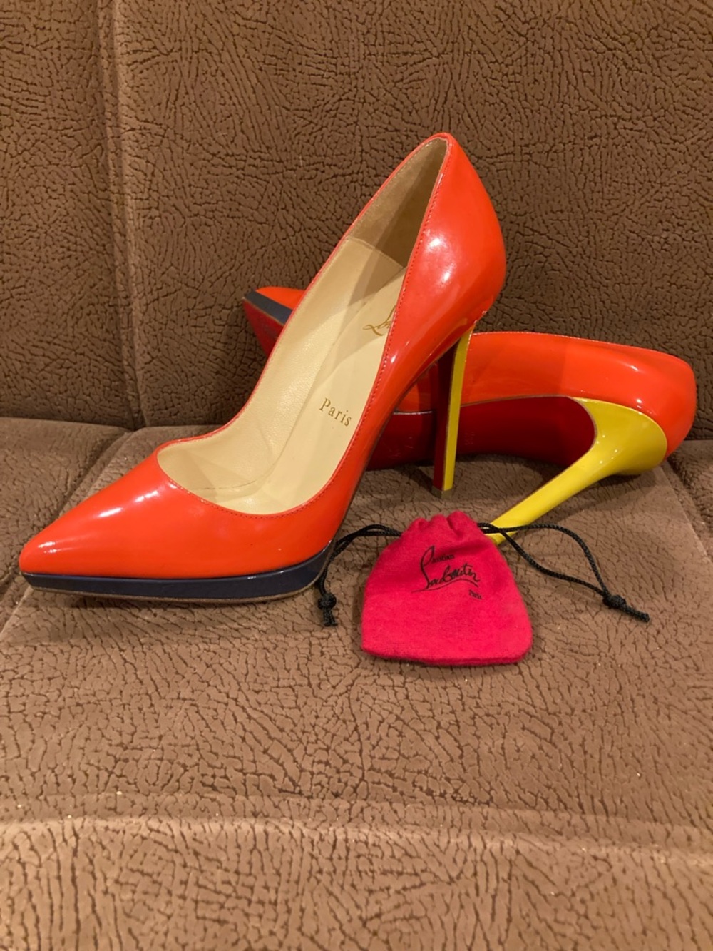 Christian Louboutin Bright Orange Patent Pointed-Toe Pumps with Yellow Heel